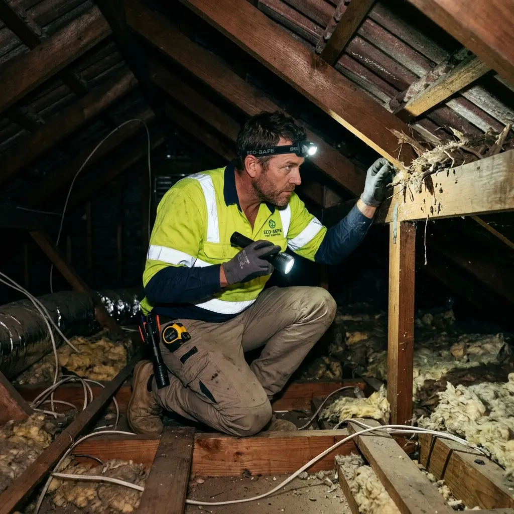 Technician inspecting a roof cavity for a dead animal in Waverley Gardens